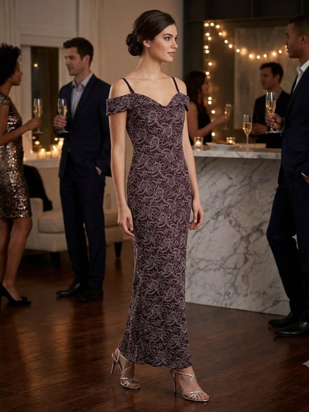 New Vintage Y2K Candalite Chocolate Brown Sequin Lace Off Shoulder Maxi Dress